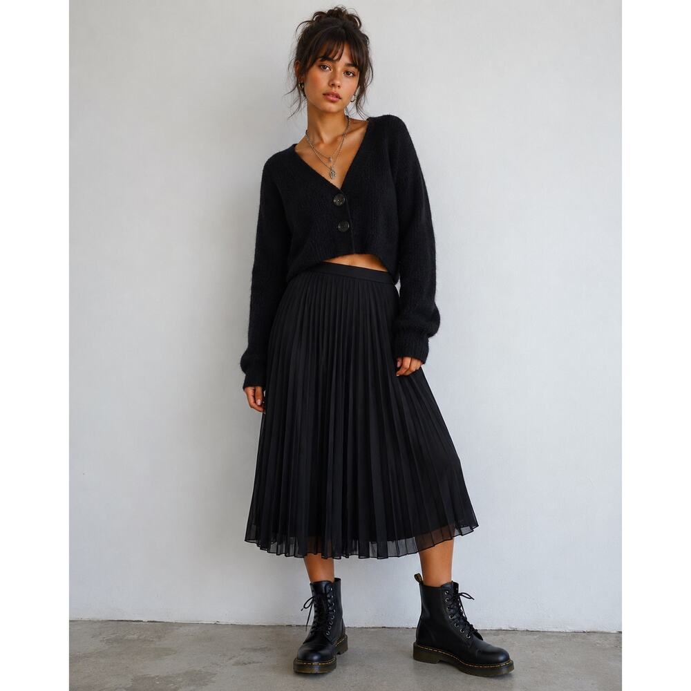 ASOS Black Pleated Midi Skirt Sheer Chiffon Minimalist Size 6 Dark Academia Goth